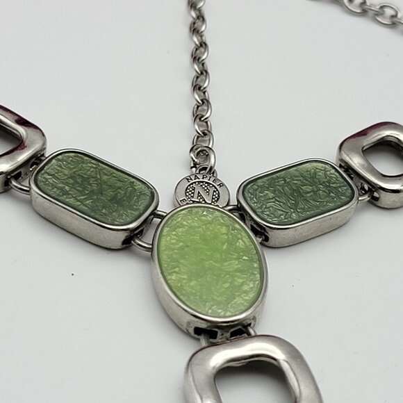 Napier Silver Tone Green Enamel Y-Drop Necklace Faux-Gem Art Deco 19" Adjustable - Picture 3 of 6